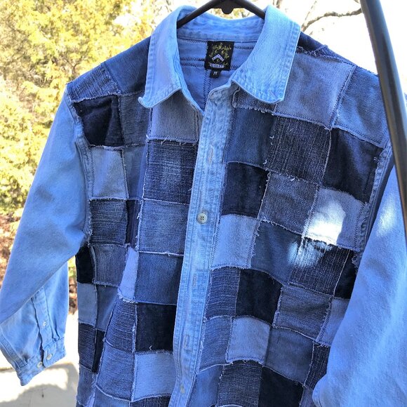 Table Rock Lake Map Patchwork Denim Jacket, Men M: Upcycled Handmade Distressed - Picture 10 of 10